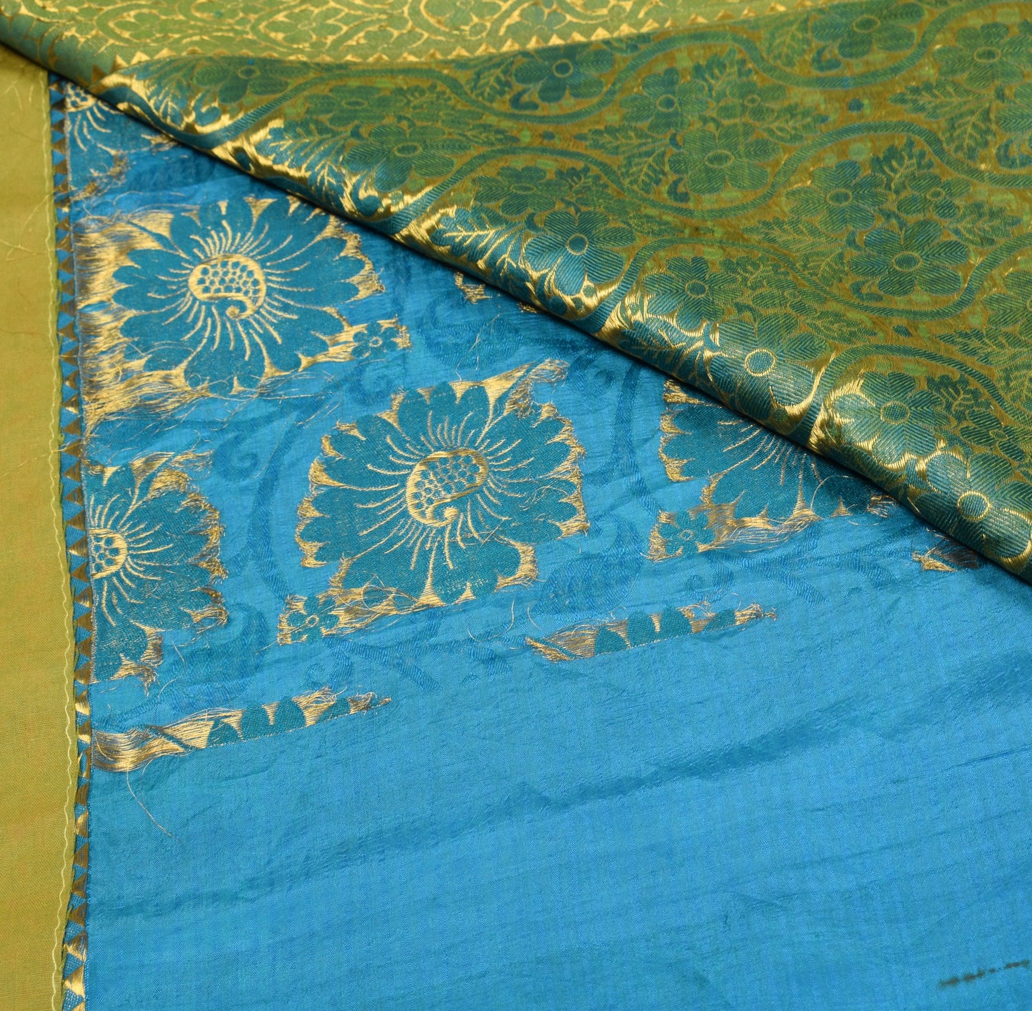 Sushila Vintage Turquoise Blue Kanjivaram Saree Pure Silk zari Woven Sari Fabric