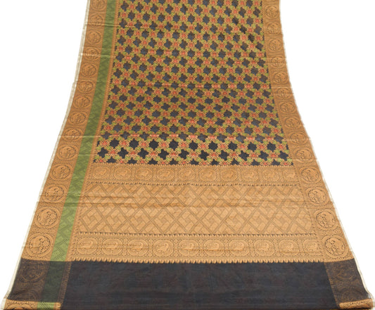 Sushila Vintage Black Leaves Saree All Over Woven Art Silk 6 Yard Sari Fabric