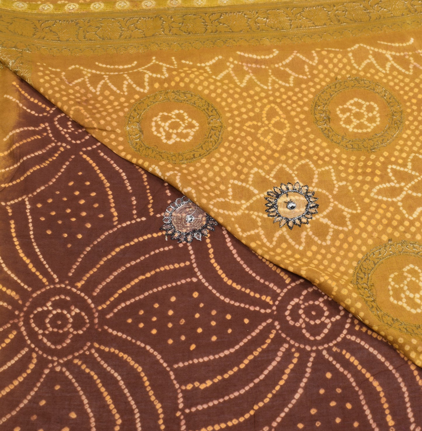 Sushila Vintage Bandhani Printed Saree Pure Cotton Dark Brown Sari Craft Fabric