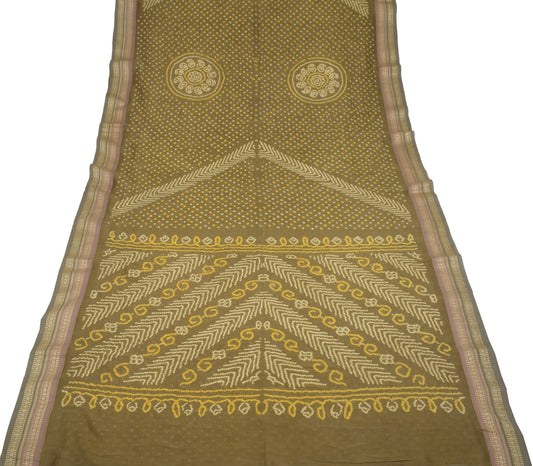 Sushila Vintage Green Bandhani Print Saree Woven Border Pure Cotton Sari Fabric