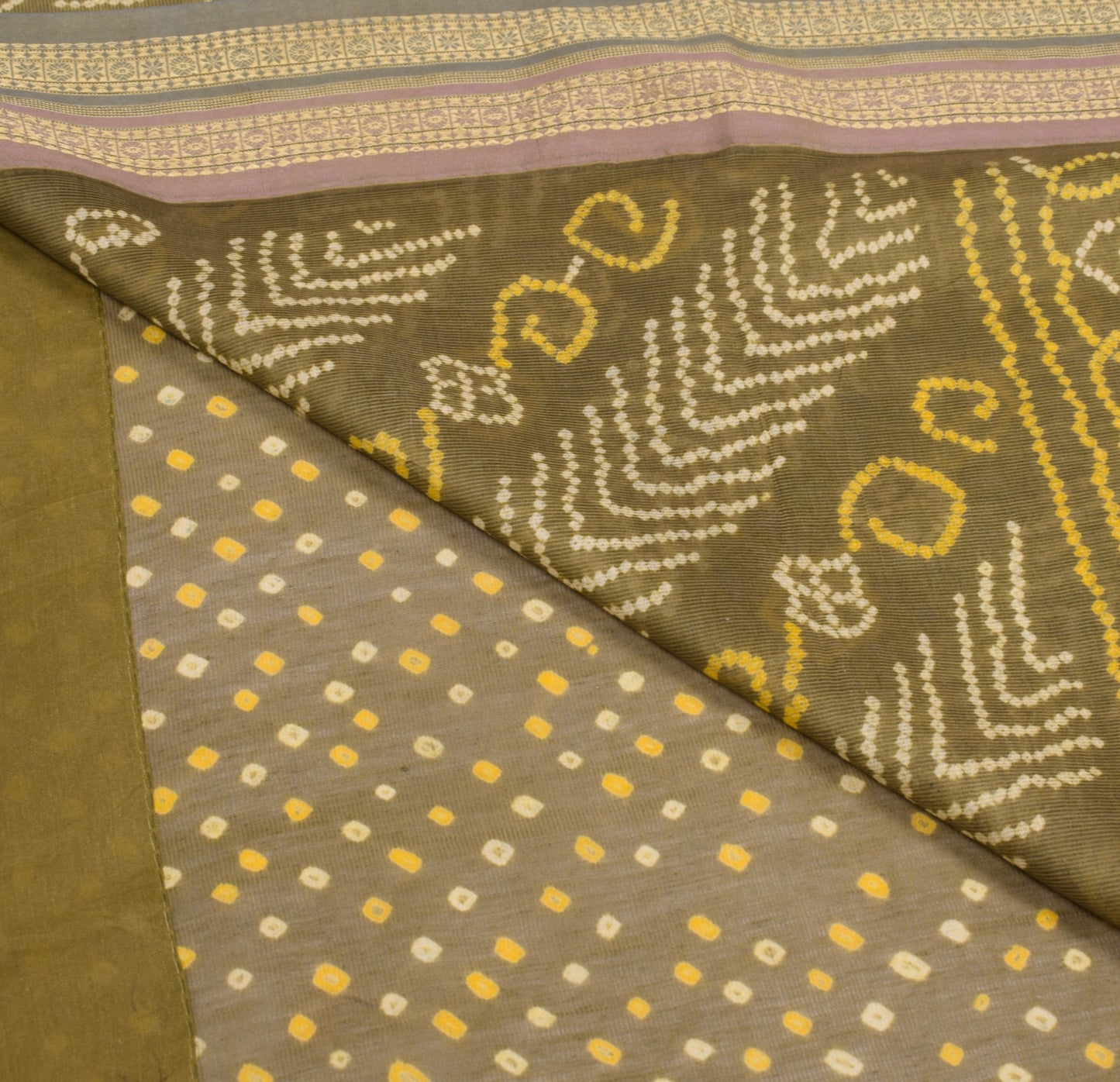 Sushila Vintage Green Bandhani Print Saree Woven Border Pure Cotton Sari Fabric