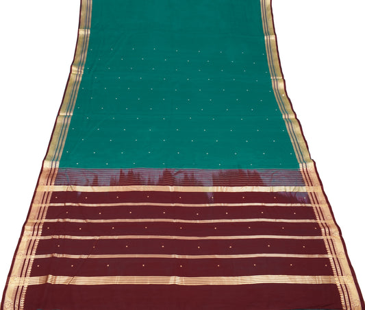 Sushila Vintage Teal Green Handloom Saree Pure Cotton Floral Woven Sari Fabric