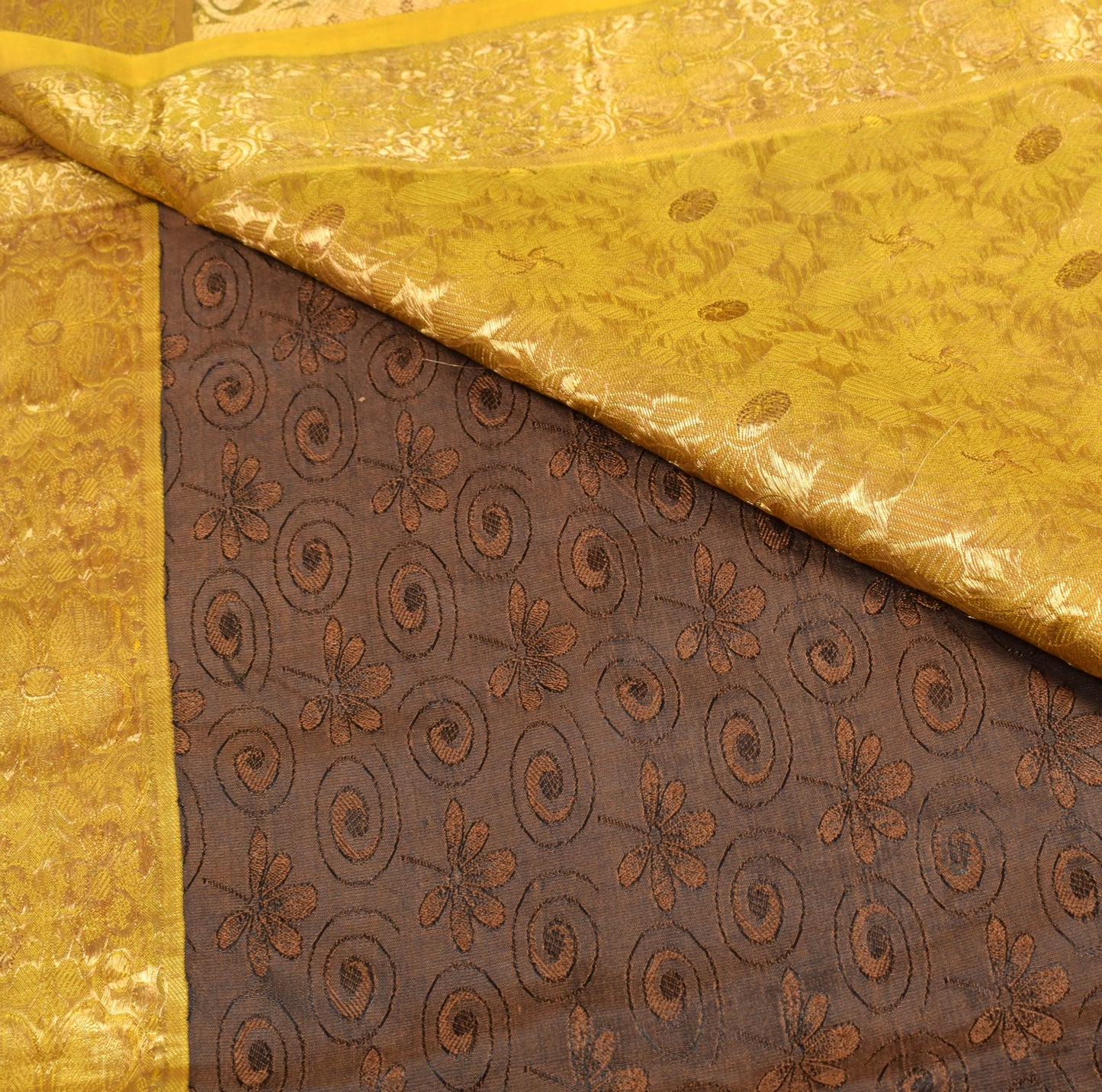 Sushila Vintage Brown Gold Sari Kanjivaram Pure Silk Zari Woven Saree 5YD Fabric