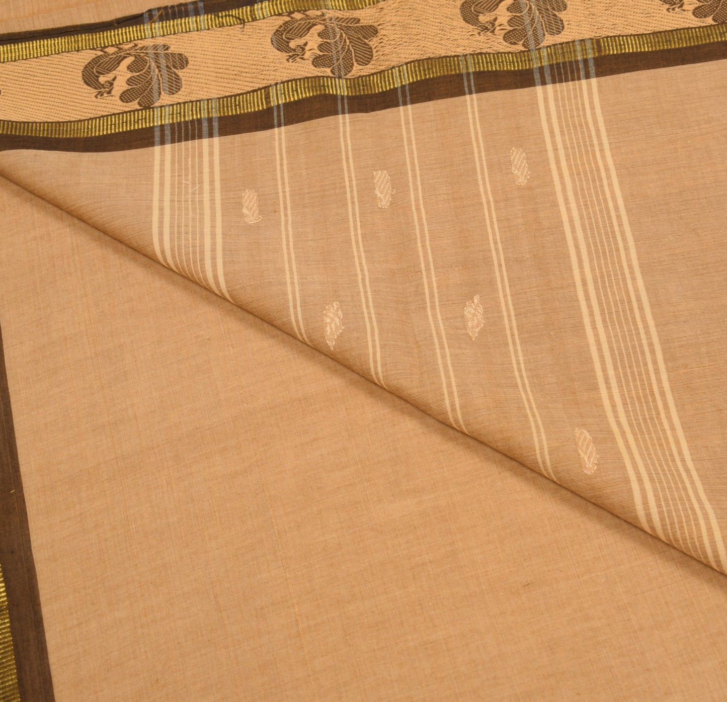 Sushila Vintage Pure Chettinad Cotton Saree Peacock Woven Brown 5YD Sari Fabric