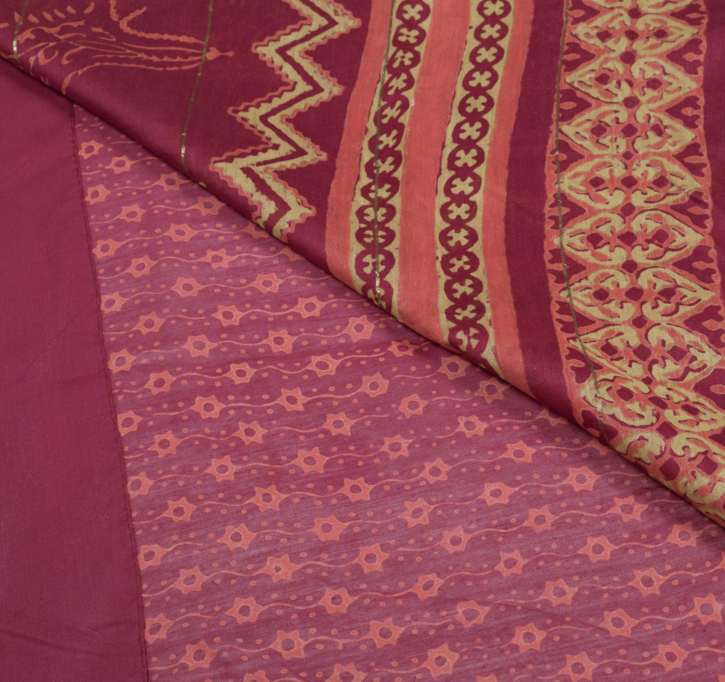 Sushila Vintage Burgundy Saree Pure Cotton Silk Handblock 5YD Sari Craft Fabric