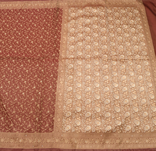 Sushila Vintage Heavy Saree Blend Satin Silk Banarasi Brocade Maroon Sari Fabric