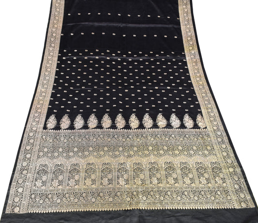 Sushila Vintage Heavy Saree Pure Satin Silk Black Banarasi Brocade Sari Fabric
