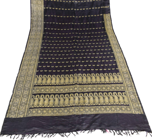 Sushila Vintage Premium Heavy Banarasi Saree Black Pure Satin Silk Brocade Sari