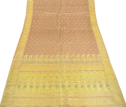 Sushila Vintage Heavy Saree Pure Satin Silk Banarasi Brocade Woven Beige Sari