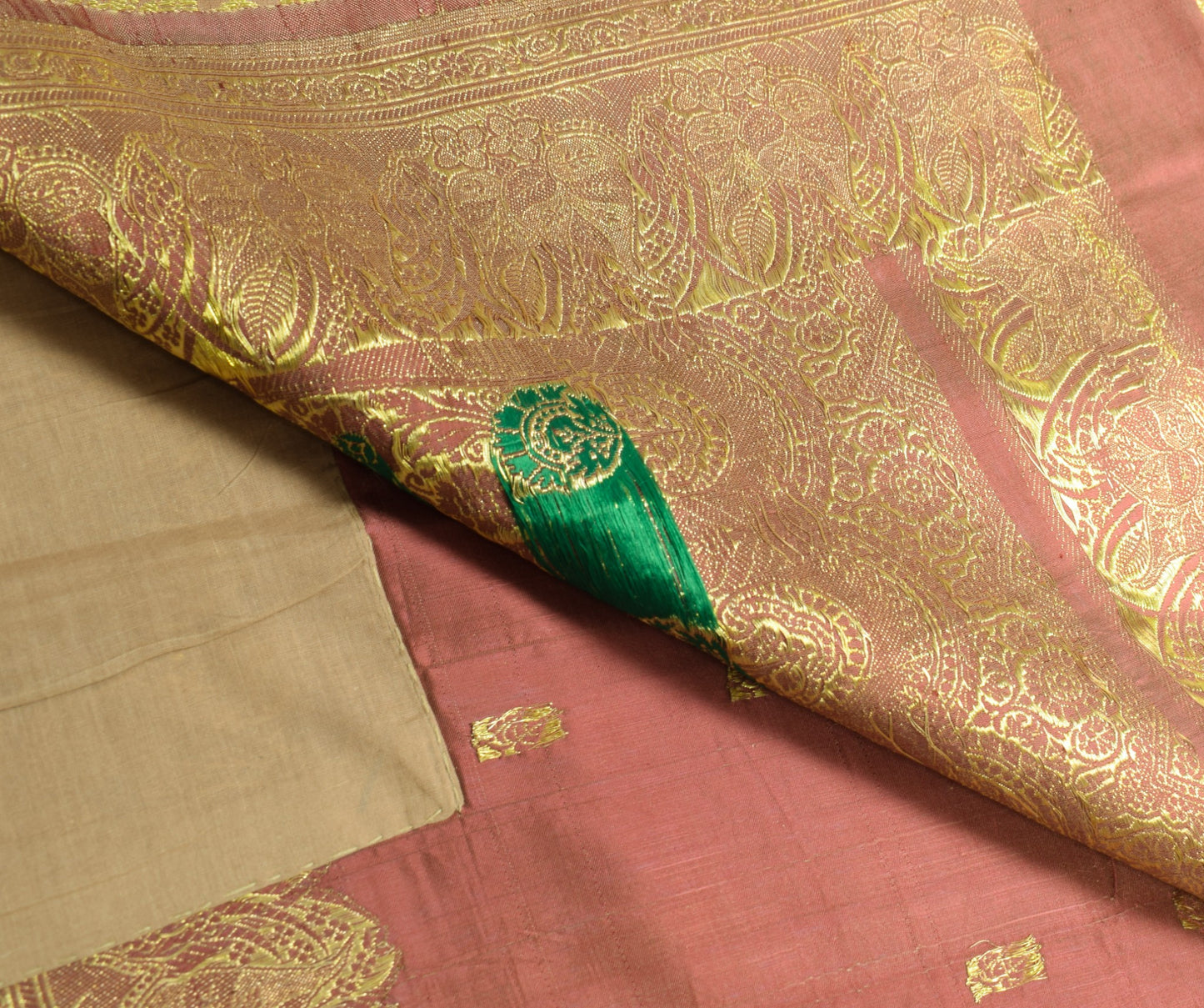 Sushila Vintage Heavy Saree Pure Satin Silk Banarasi Brocade Woven Beige Sari