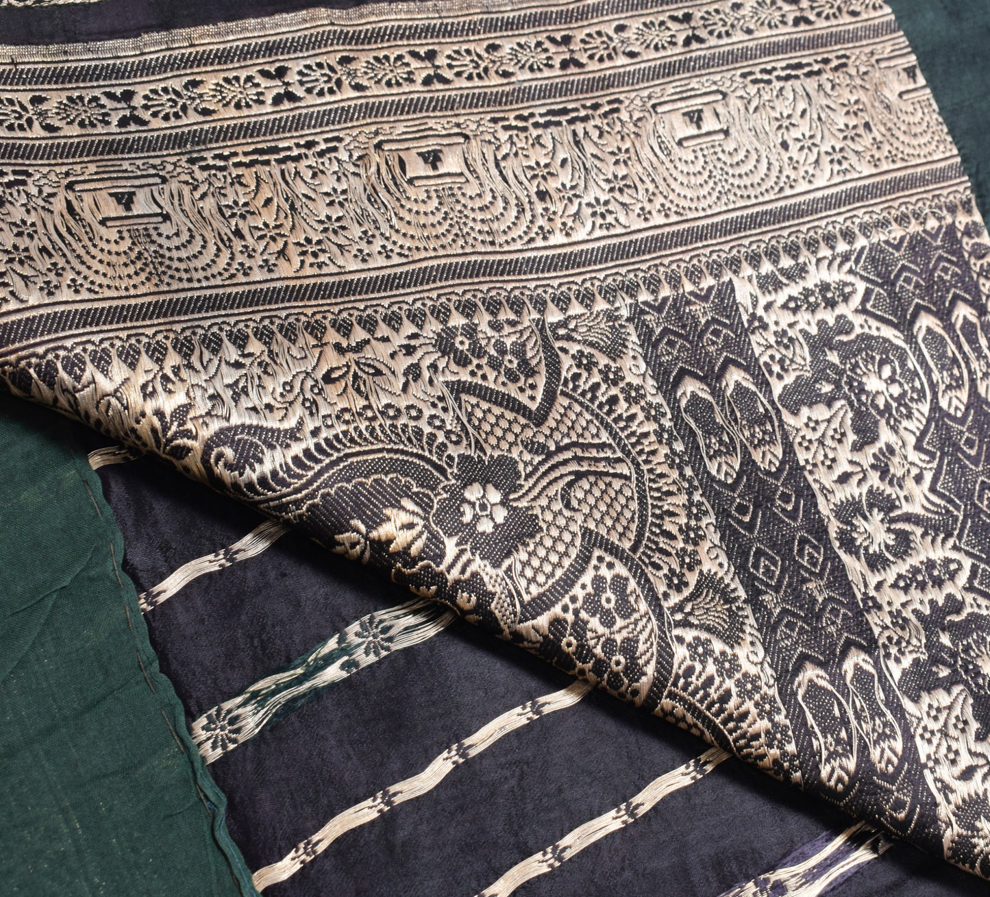 Sushila Vintage Heavy Black Saree Pure Satin Silk Banarasi Brocade Sari Fabric