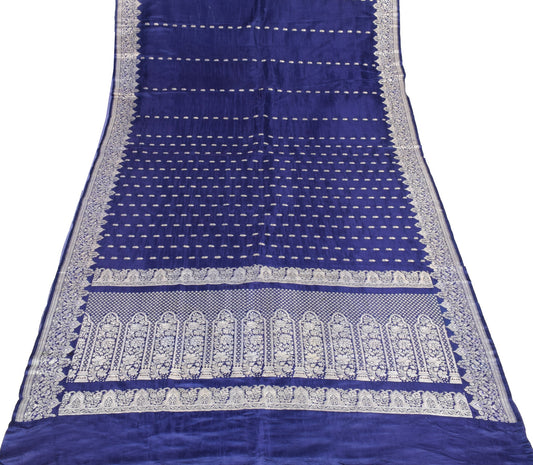 Sushila Vintage Heavy Blue Saree Pure Satin Silk Banarasi Brocade Sari Fabric