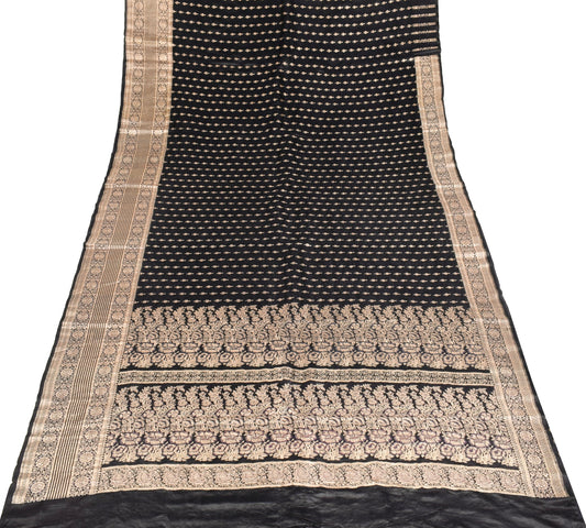 Sushila Vintage Black Saree Pure Satin Silk Banarasi Handloom Zari Brocade Sari