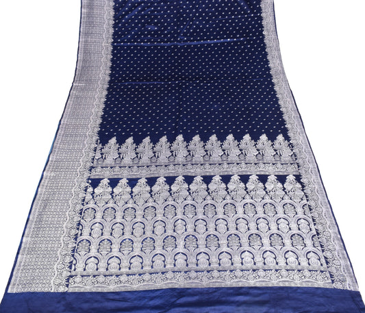 Sushila Vintage Heavy Banarasi Saree Pure SatinSilk Silver Zari Woven Blue Sari