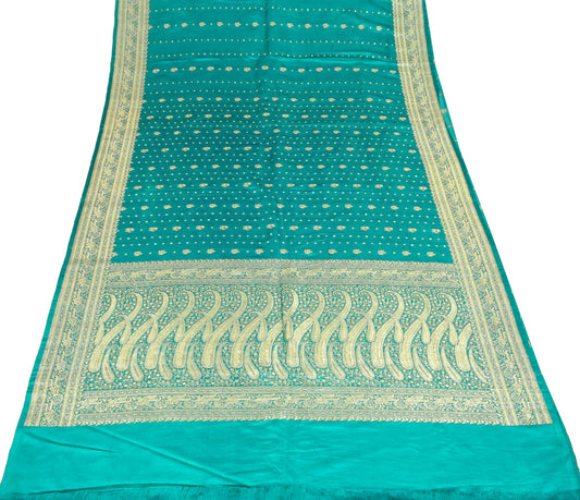 Sushila Vintage Heavy Saree Pure Satin Silk Banarasi Teal Blue Woven Sari Fabric