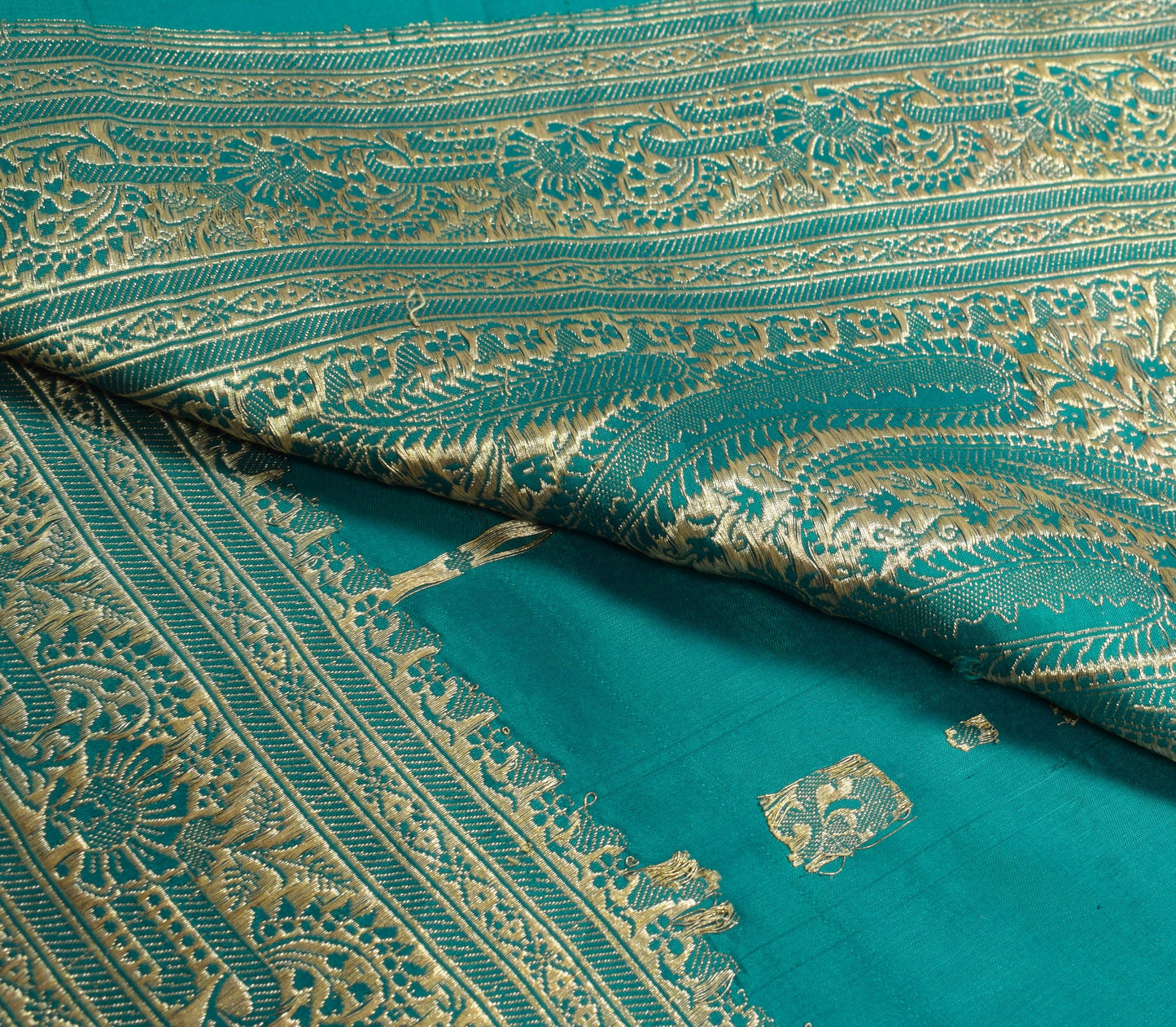 Sushila Vintage Heavy Saree Pure Satin Silk Banarasi Teal Blue Woven Sari Fabric