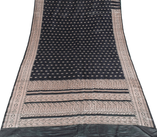 Sushila Vintage Heavy Banarasi Saree Pure Satin Silk Brocade Floral Black Sari