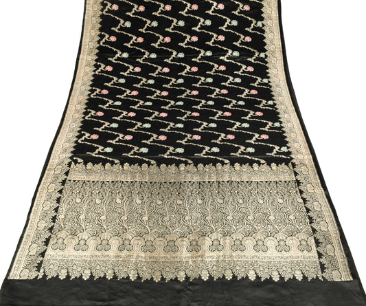 Sushila Vintage Banarasi Handloom Saree Pure Satin Silk Black Gold Zari Sari