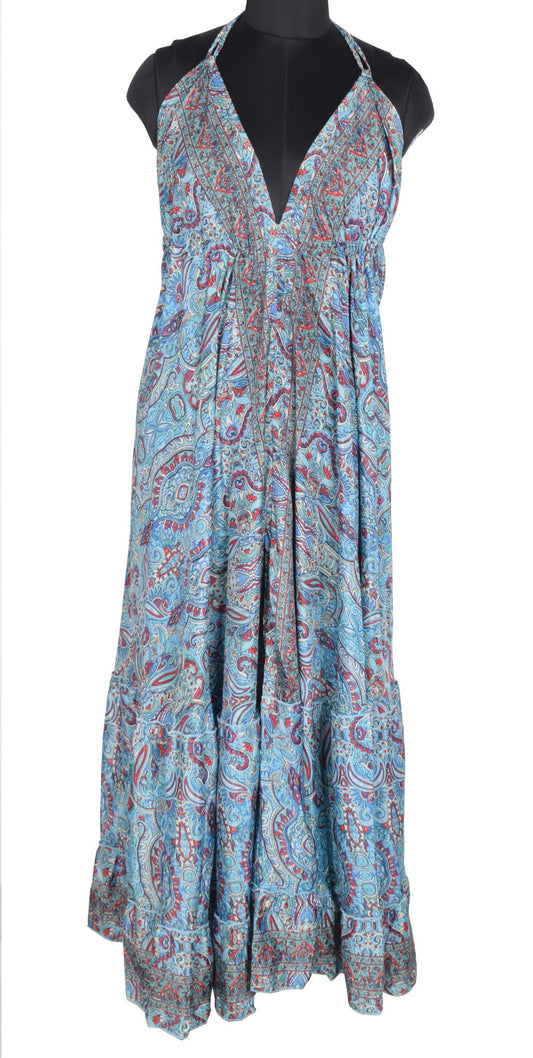 Sushila Vintage Aqua Blue Boho Print Art Silk Halter Neck Beach Maxi Resort Wear