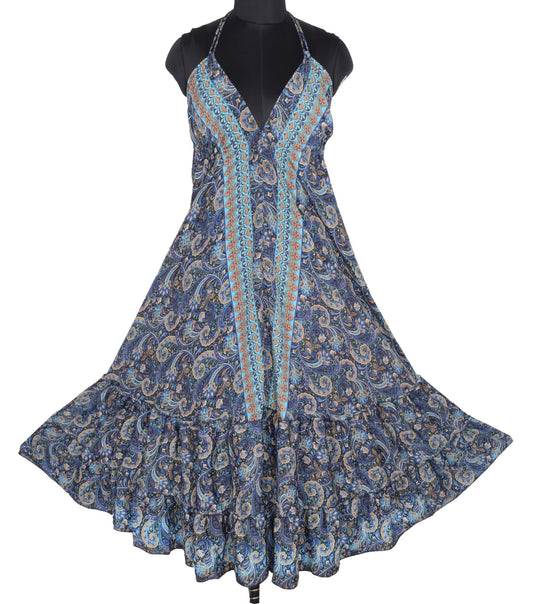 Sushila Vintag Halter Neck Beach Maxi Resort Wear Black Boho Printed Art Silk