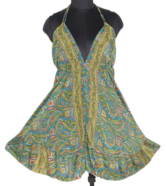 Sushila Vintage Halter Neck Midi Dress Boho Floral Flowy Teal Summer Sundress