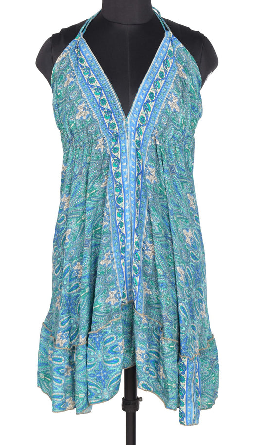 Sushila Vintage Halter Neck Midi Dress Boho Paisley Flowy Summer Sundress Aqua