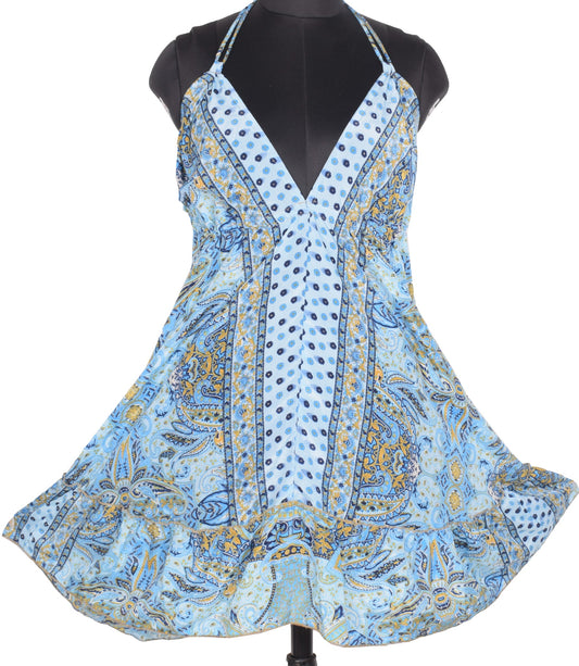 Sushila Vintage Halter Neck Midi Dress Boho Paisley Flowy Summer Sundress Aqua
