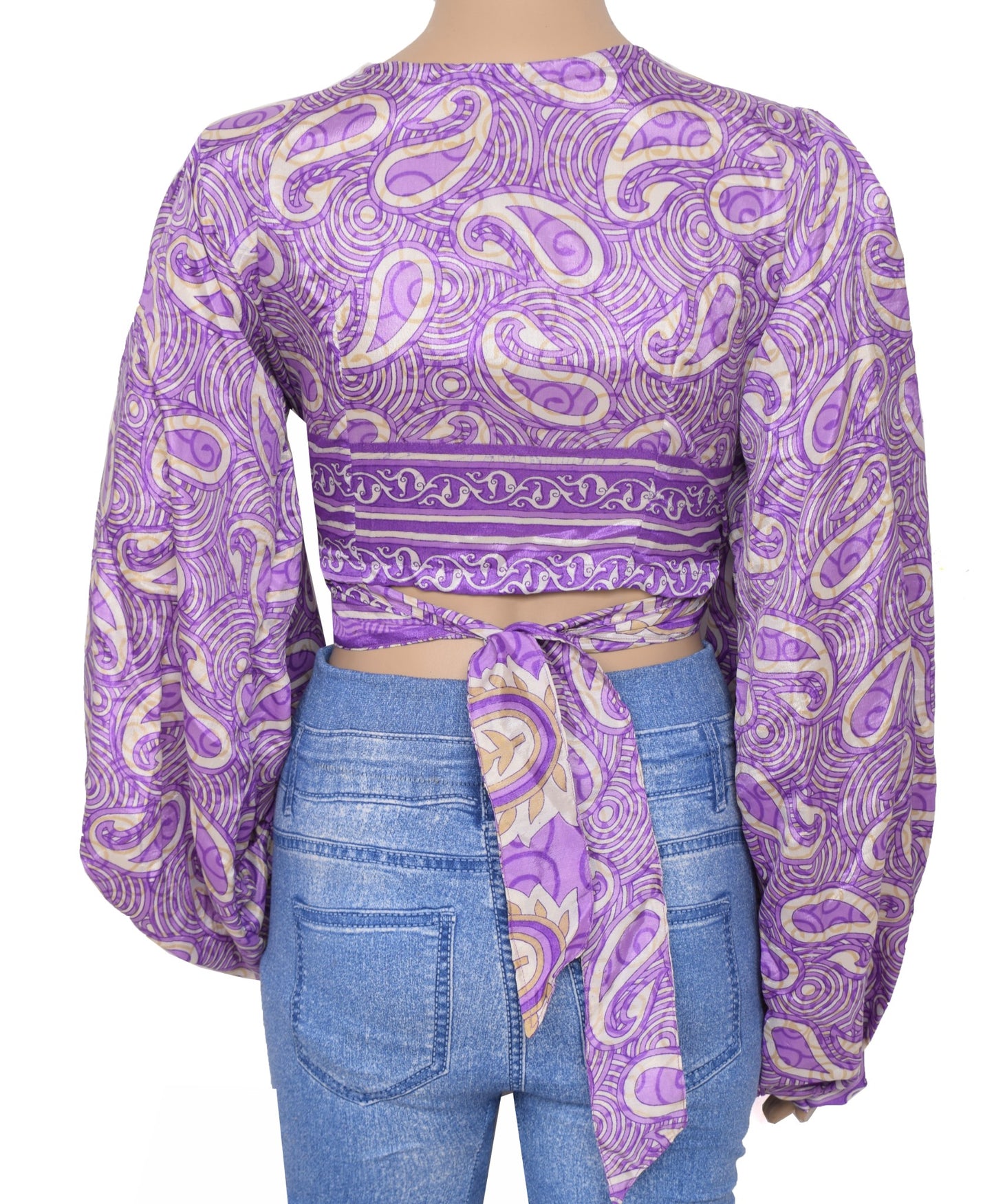 Sushila Vintage Balloon Sleeve Bohemian NEW Recycled Silk Saree Top Retro Purple