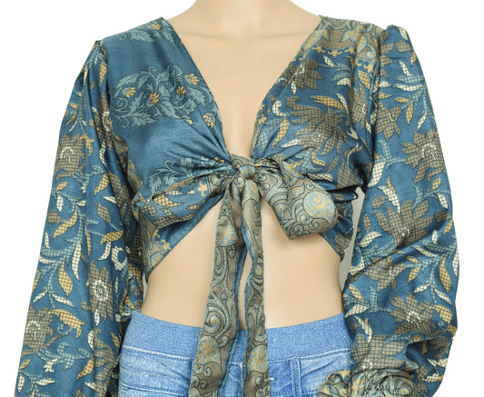 Sushila Vintage Bell Sleeve Bohemian NEW Recycled Silk Saree Top 70,s Retro
