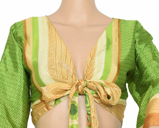 Sushila Vintage Bell Sleeve Bohemian NEW Recycled Silk Saree Top 70,sRetro Green