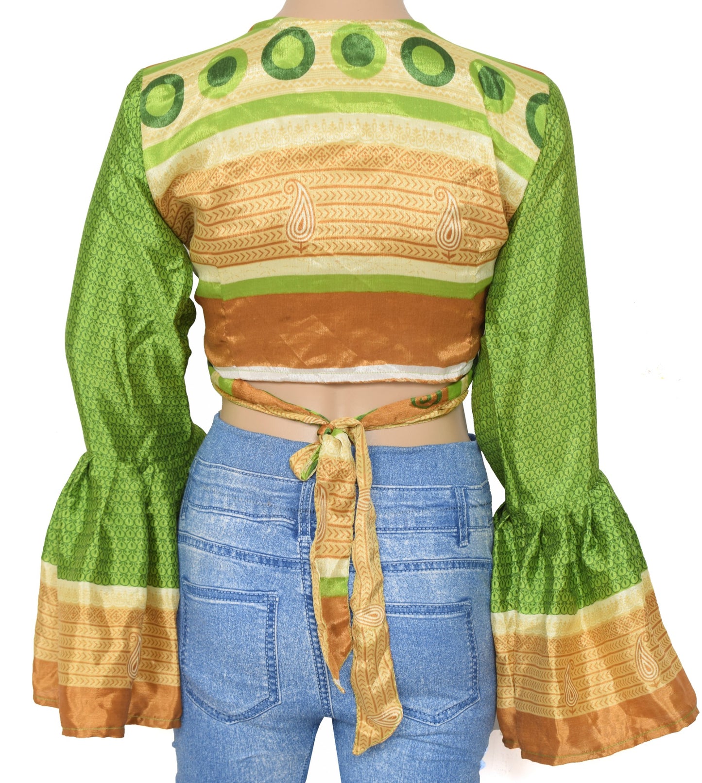 Sushila Vintage Bell Sleeve Bohemian NEW Recycled Silk Saree Top 70,sRetro Green