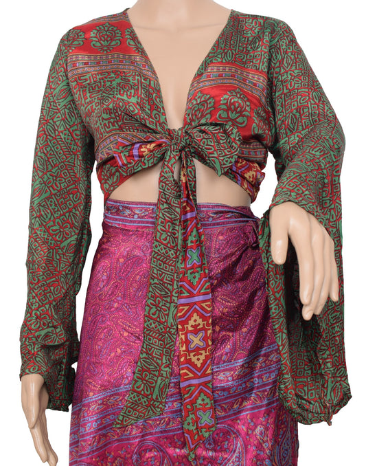 Sushila Vintage Bell Sleeve Top Bohemian NEW Recycled Silk Saree 70,s Retro Red