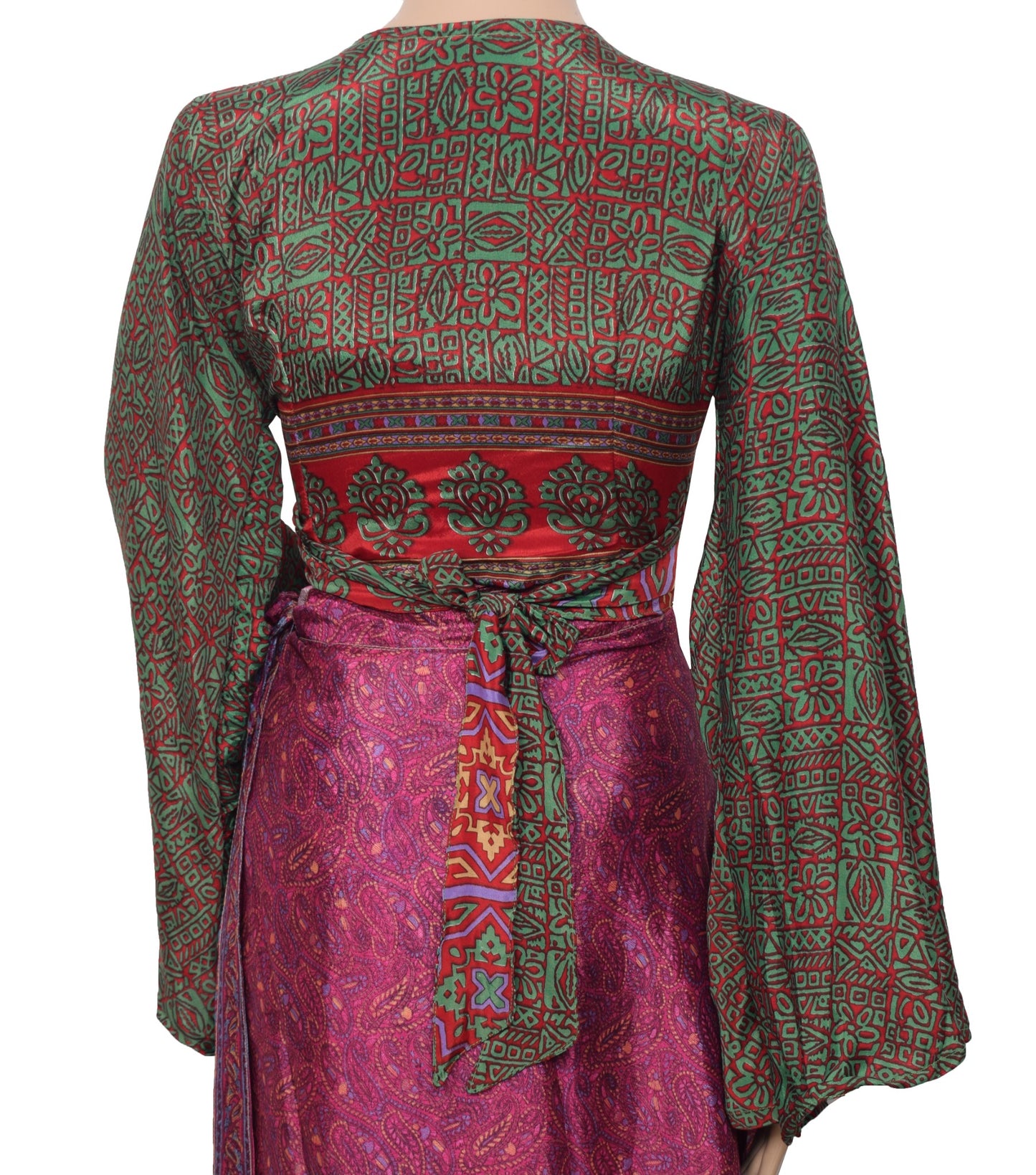 Sushila Vintage Bell Sleeve Top Bohemian NEW Recycled Silk Saree 70,s Retro Red