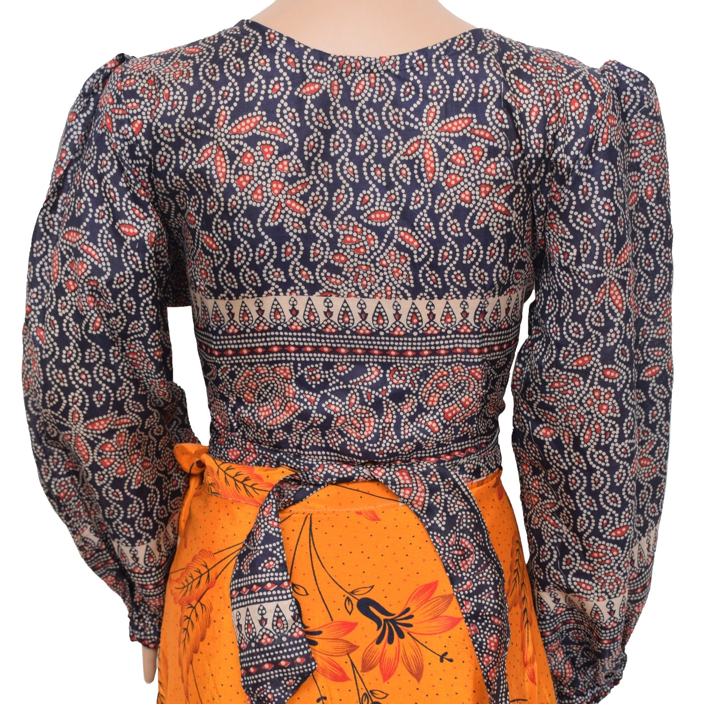 Sushila Vintage Balloon Sleeve Top Bohemian NEW Silk Saree 70,s Retro Dress Blue