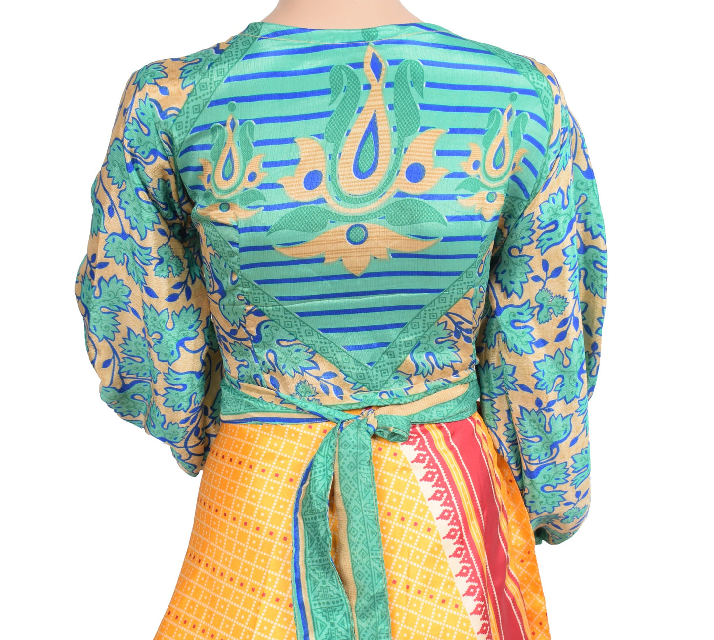 Sushila Vintage Balloon Sleeve Bohemian NEW Recycled Silk Saree Top Aqua Green