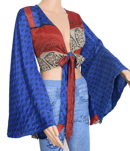 Sushila Vintage Bell Sleeve Bohemian NEW Recycled Silk Saree Top 70,sRetro Blue