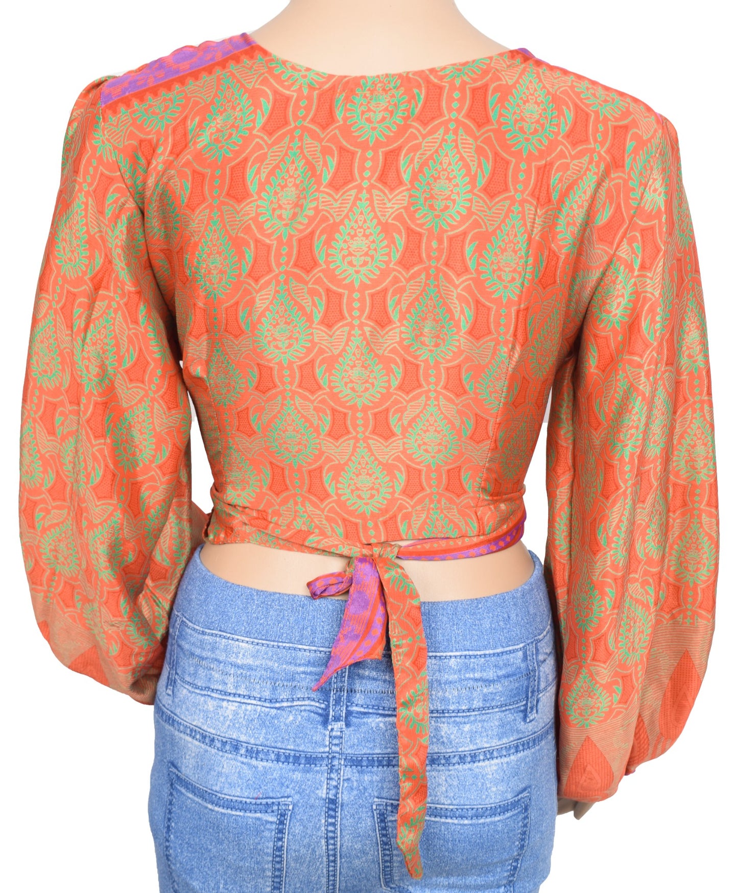 Sushila Vintage Balloon Sleeve Bohemian Recycled Silk Saree Orange Retro 70'sTop
