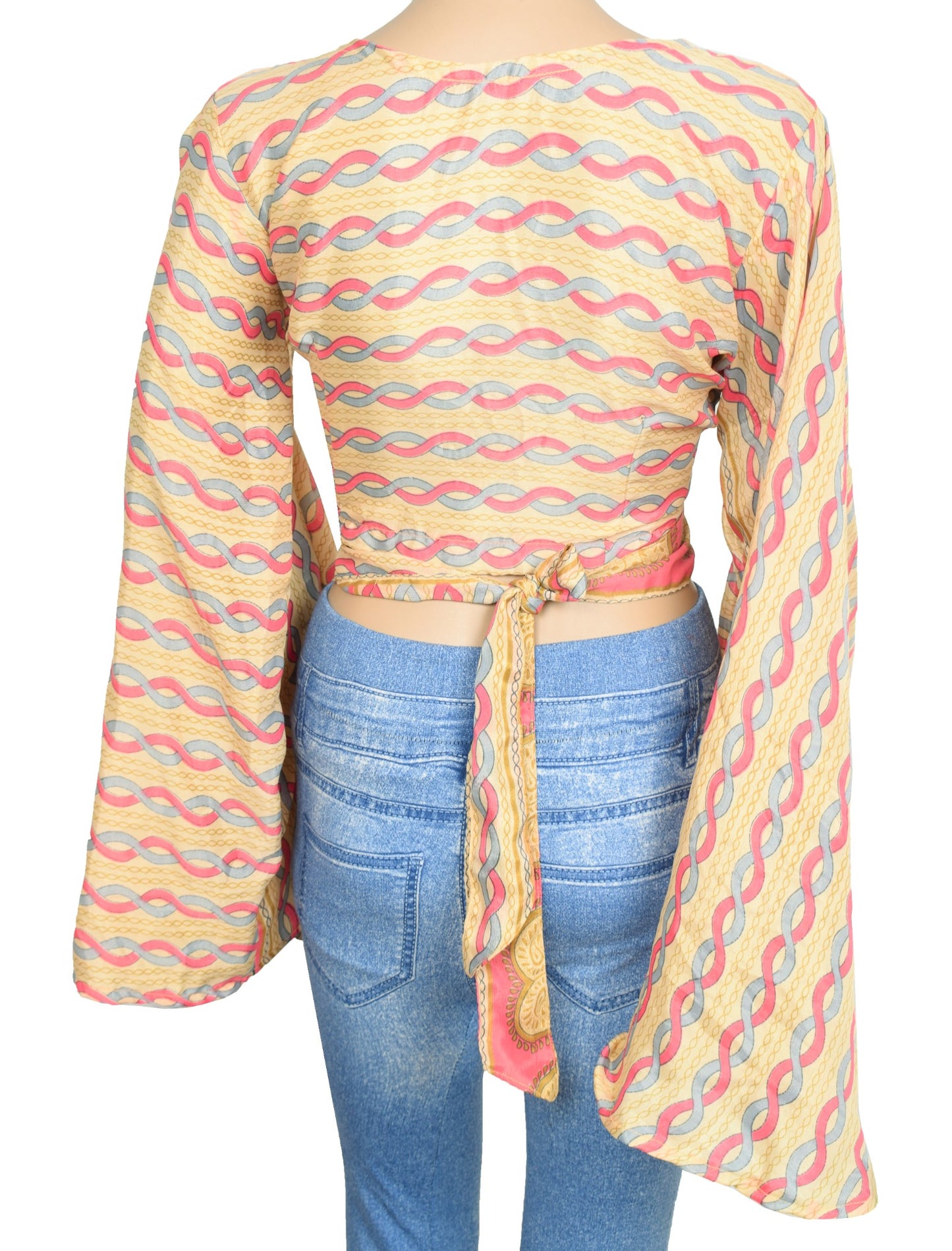 Sushila Vintage Bell Sleeve Bohemian NEW Recycled Silk Saree Cream Retro Top