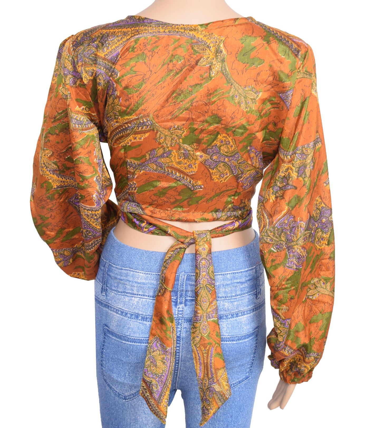 Sushila Vintage Balloon Sleeve Top NEW Recycled Brown Silk Saree 70,s Retro Boho