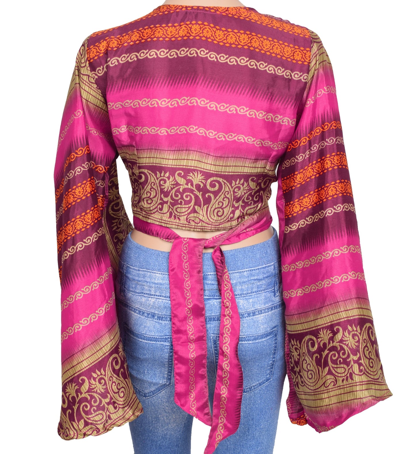 Sushila Vintage Bell Sleeve Bohemian Magenta NEW Recycled Silk Saree Top Retro
