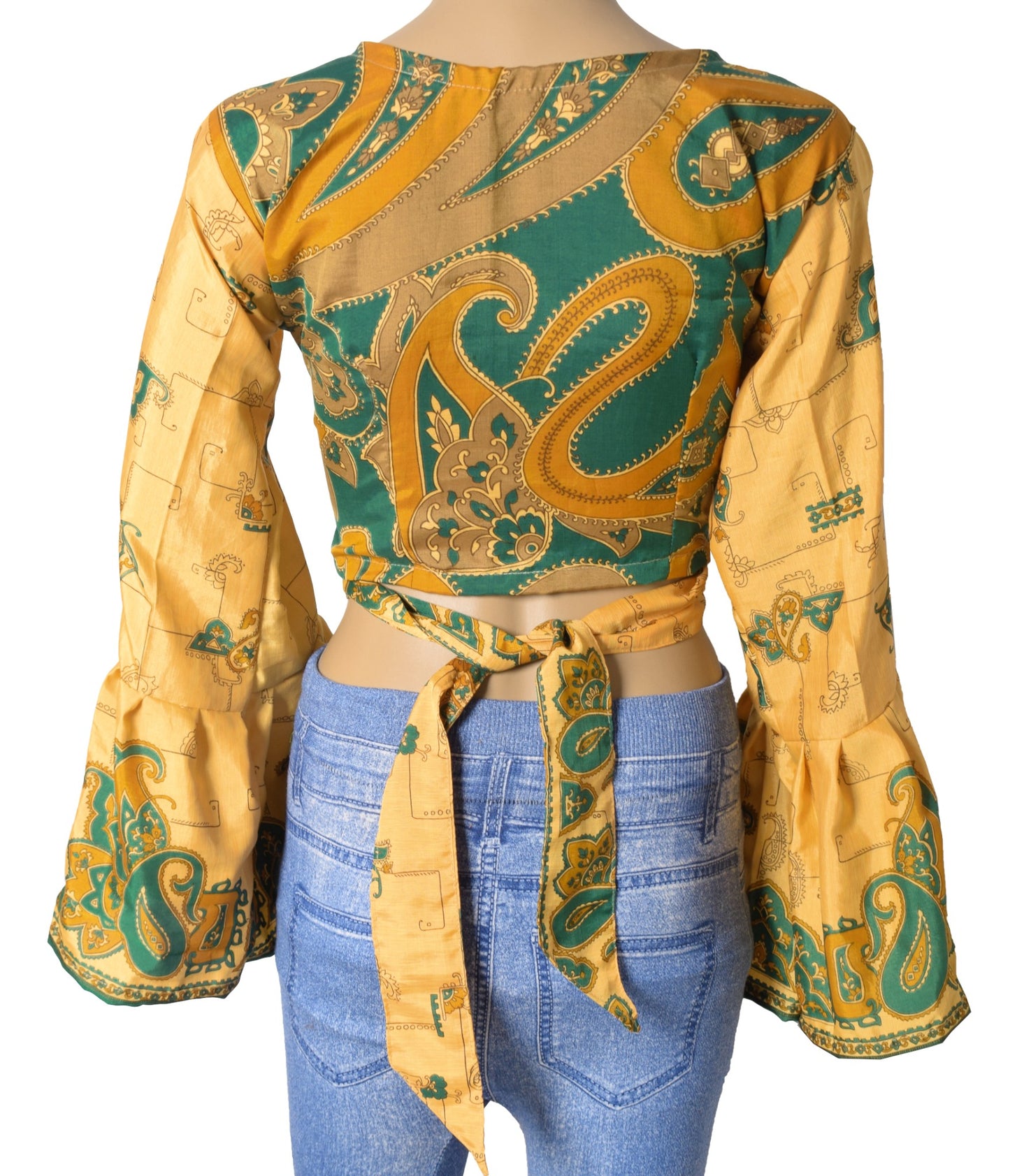 Sushila Vintage 70s Boho Bell Sleeve Top Yellow Recycled Silk Saree New Hippie