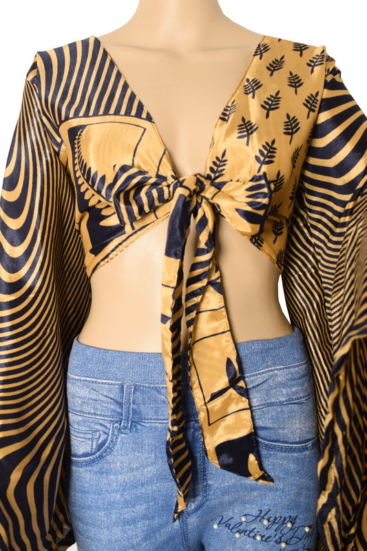 Sushila Vintage Bell Sleeve Bohemian NEW Recycled Silk Saree Top 70,s RetroBlue