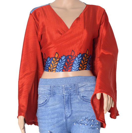 Sushila Vintage Red Bell Sleeve Bohemian NEW Recycled Silk Saree Top 70,s Retro