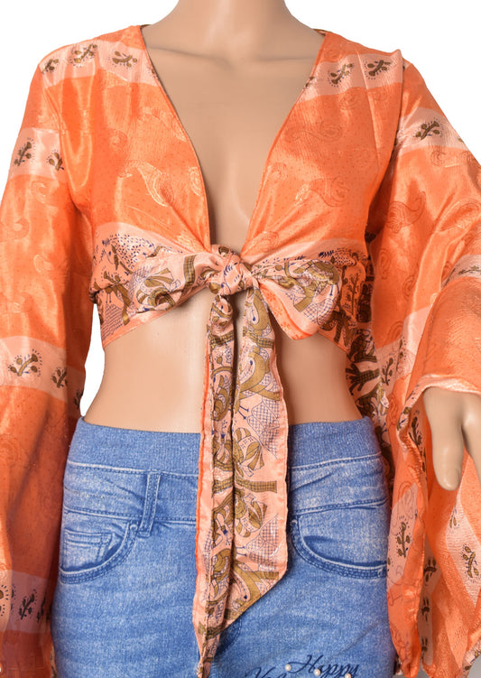 Sushila Vintage 70s Boho Bell Sleeve Top Recycled Silk Saree New Retro Orange
