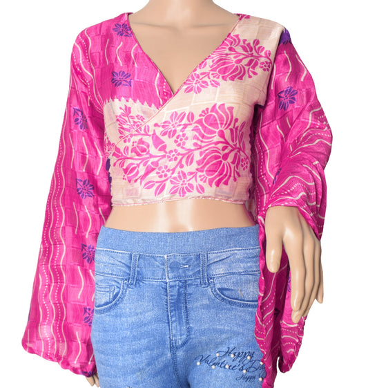 Sushila Vintage Bell Sleeve Bohemian Magenta Recycled Silk Saree Top 70,s Retro