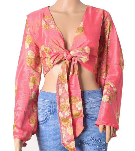 Sushila Vintage Bell Sleeve Bohemian NEW Recycled Silk Saree Pink Top 70s Retro