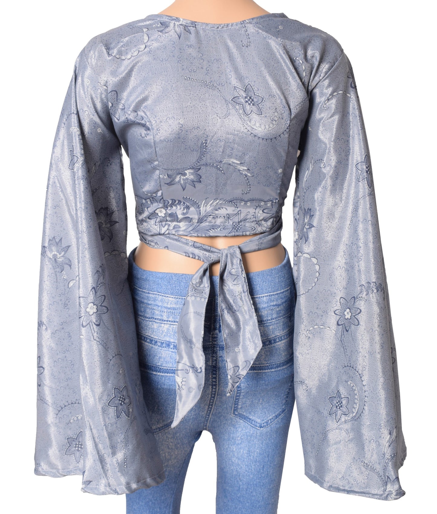 Sushila Vintage 70s Retro Bohemian Bell Sleeve Top Gray Recycled Silk Saree New