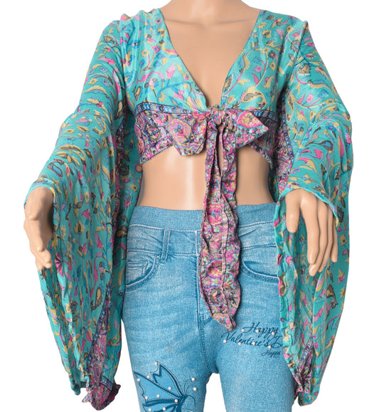 Sushila Vintage Bell Sleeve Bohemian NEW Recycled Silk Saree Top 70,s Retro Aqua