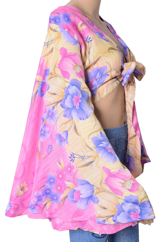 Sushila Vintage Bell Sleeve Boho NEW Recycled Silk Saree Top 70,s Floral Pink