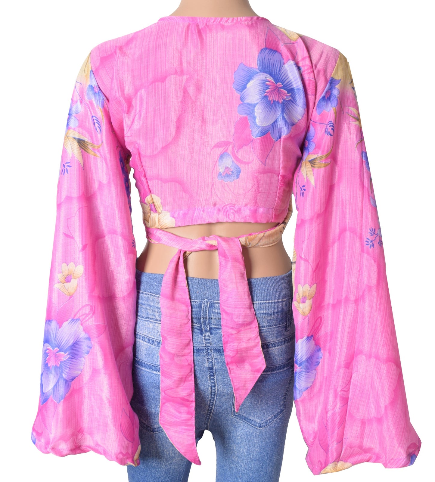 Sushila Vintage Bell Sleeve Boho NEW Recycled Silk Saree Top 70,s Floral Pink